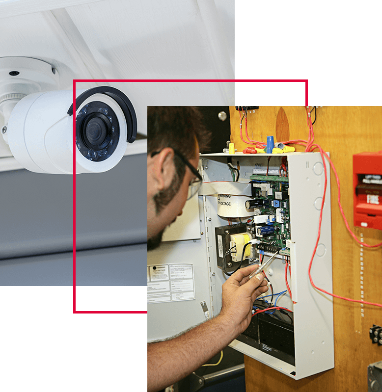 A close-up of a CCTV camera is followed by a close-up of a technician repairing surveillance camera systems.