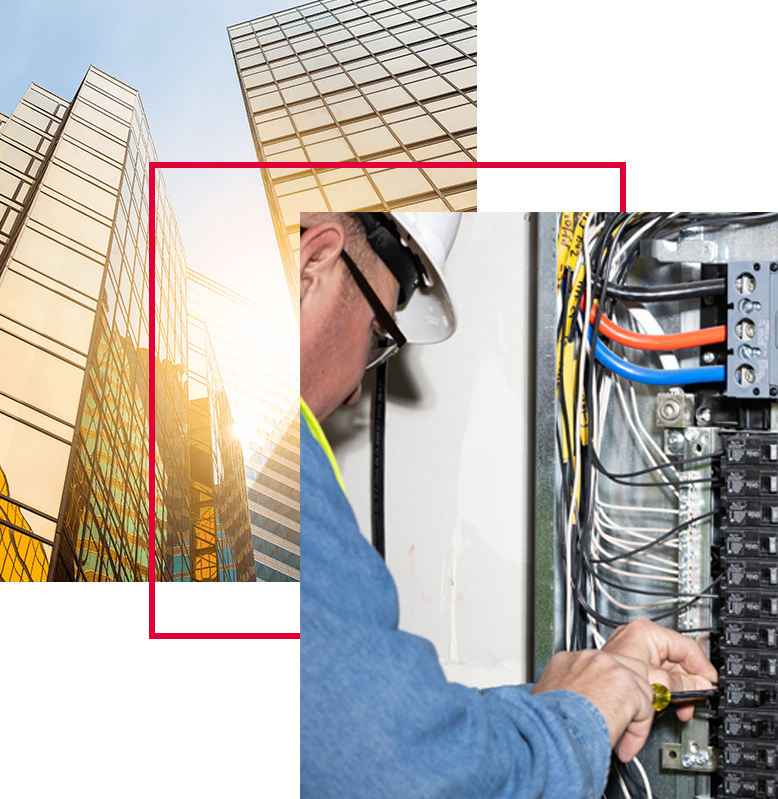 A high-angle shot of a tall business building is followed by a close-up of an electrician working on a circuit breaker.